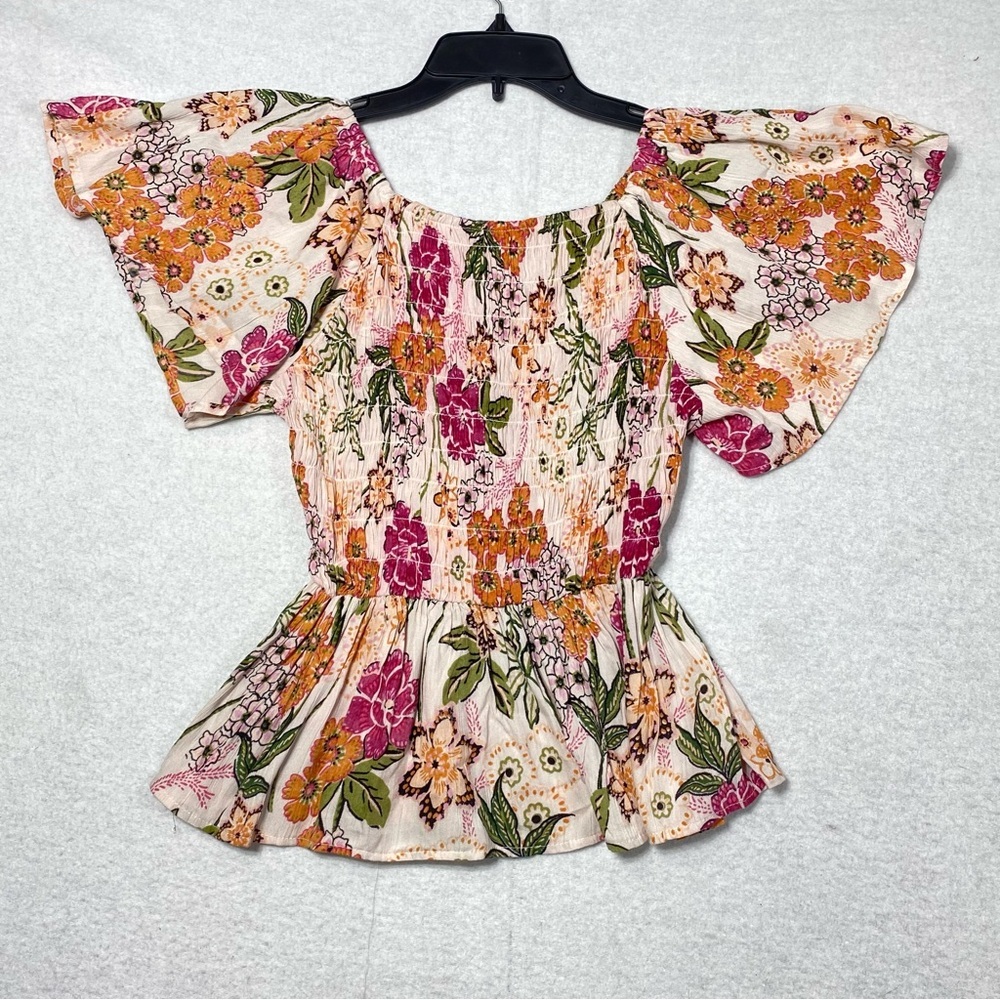 Angie Top Womens XS Boho Floral Peplum Smocked Blouse Flutter Sleeve Cottagecore - Picture 8 of 12